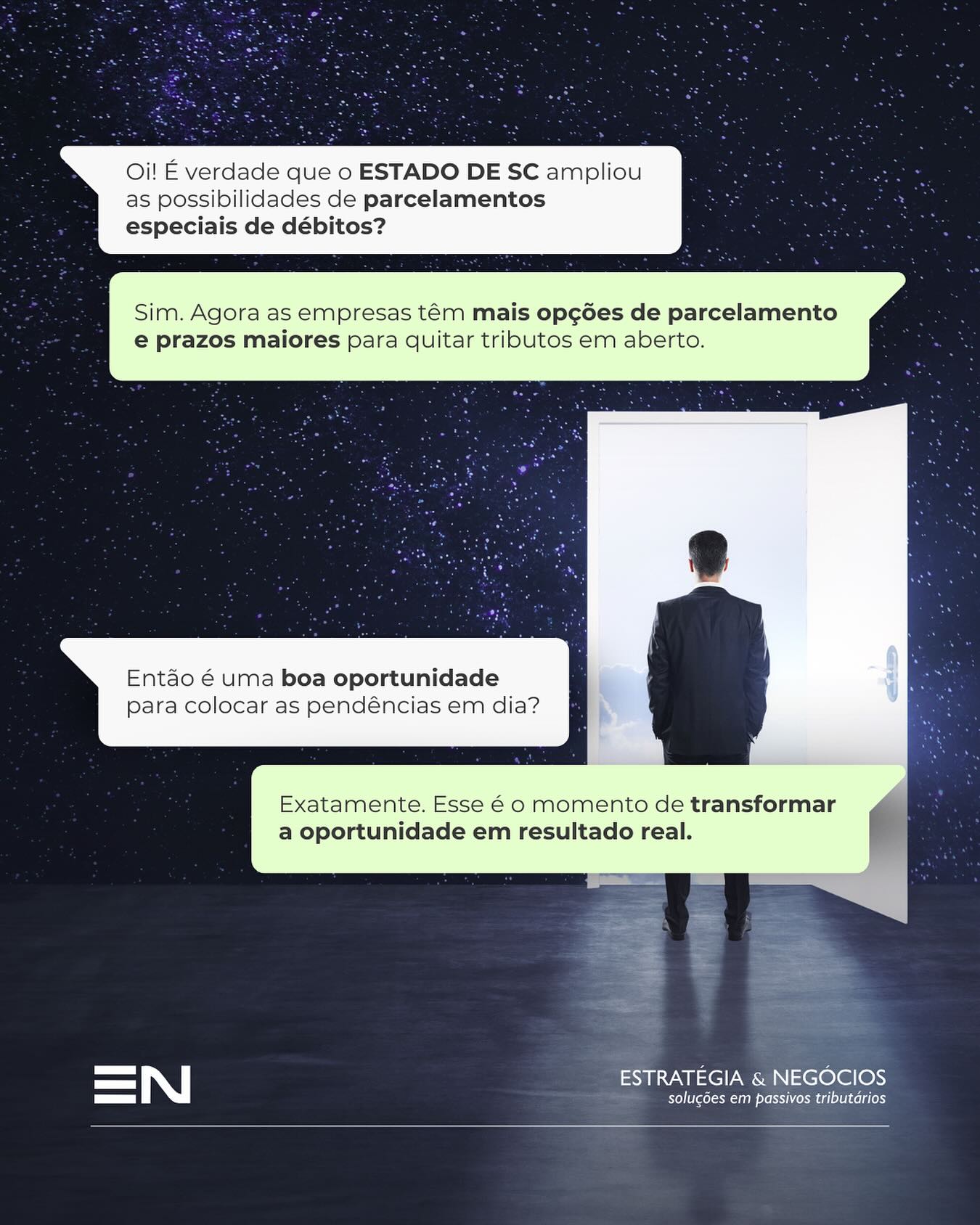 O Estado de SC abriu novas possibilidades de parcelamentos especiais para empresas com débitos de ICMS.
O momento é oportuno para reorganizar o caixa e retomar o equilíbrio financeiro com segurança.
Com a condução da Estratégia & Negócios, cada negociação é estruturada de forma técnica e estratégica.
#EstratégiaeNegócios #SefazSC #RegularizaçãoFiscal #NegociaçãoTributária