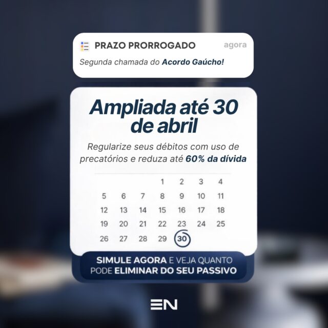 O prazo da segunda chamada do Acordo Gaúcho foi prorrogado até 30 de abril, e essa pode ser a oportunidade que a sua empresa precisava para regularizar dívidas de ICMS com condições especiais.

O programa oferece descontos de até 75% em juros e multas, com possibilidade de pagamento à vista ou parcelado em até 10 vezes. Nesta edição, também é possível utilizar precatórios para abater até 60% do valor da dívida. 

A adesão é 100% online e está aberta para pessoas físicas e jurídicas com débitos inscritos em dívida ativa.

Não deixe essa janela fechar. Entre em contato com a nossa equipe e faça sua simulação.